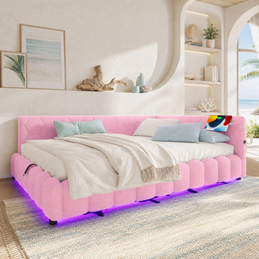 Daybed 140x200 cm con rete a doghe, contenitore idraulico, LED, USB e Type-C, rosa