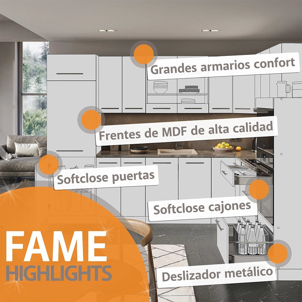 Cucina completa Fame-Line Bianco rustico/Bianco 140 cm, PL Marmo Vicco
