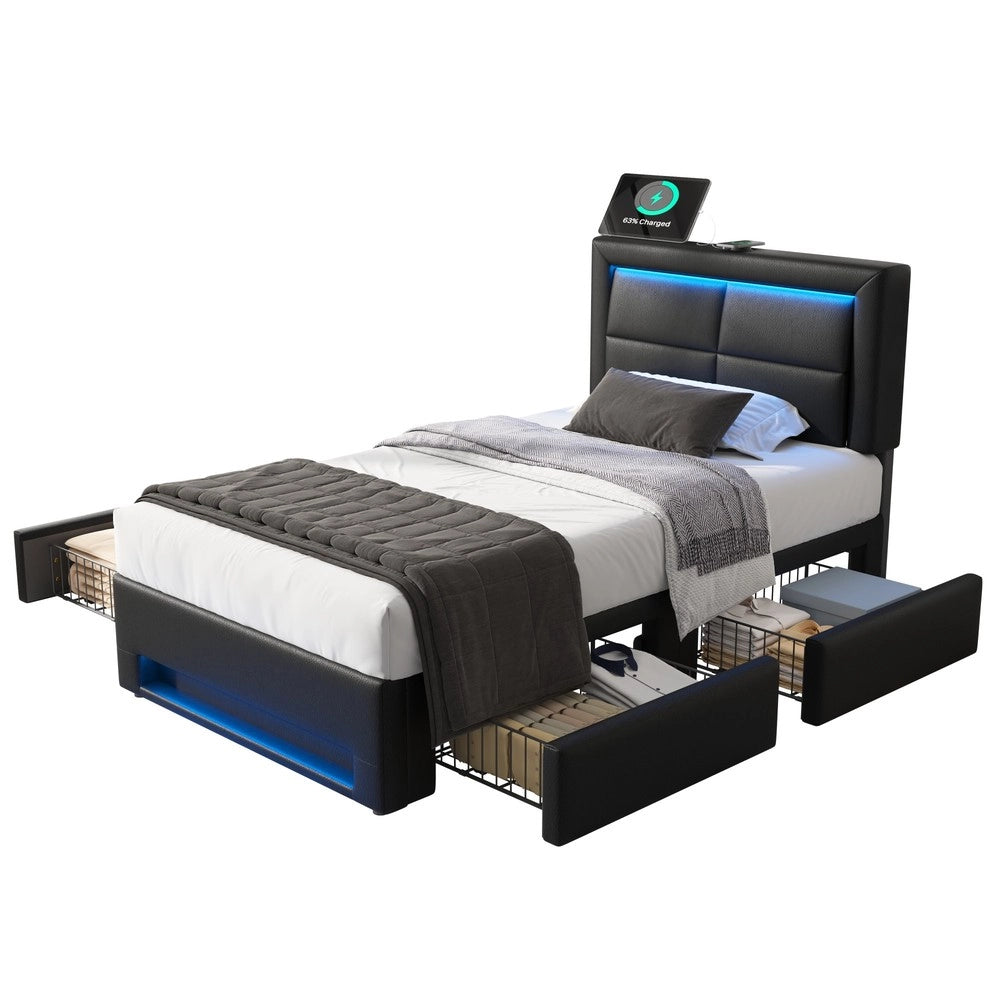 Letto Imbottito con LED e Cassetti ¨C MINIMAL ¨C Similpelle Nero 90x200