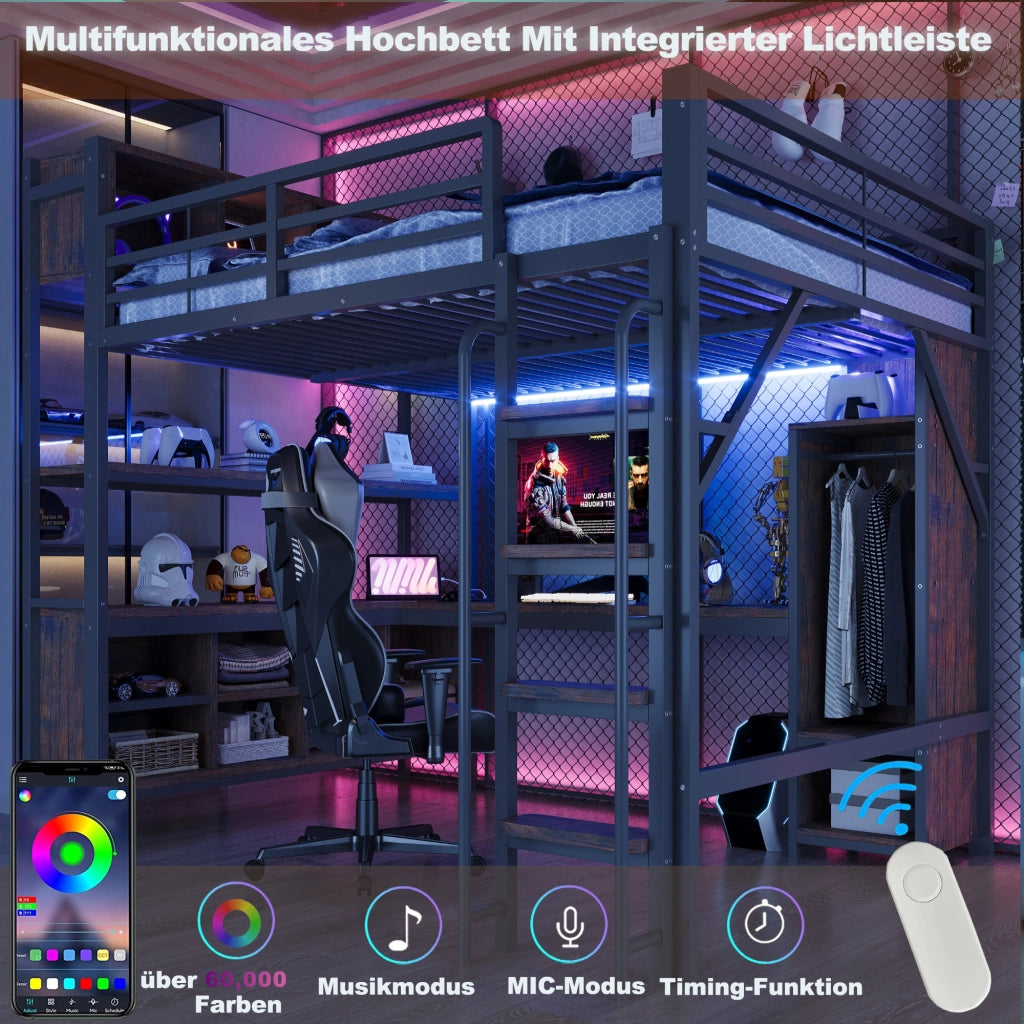 LETTO A SOPPALCO 140x200 cm con scrivania, armadio, LED, nero