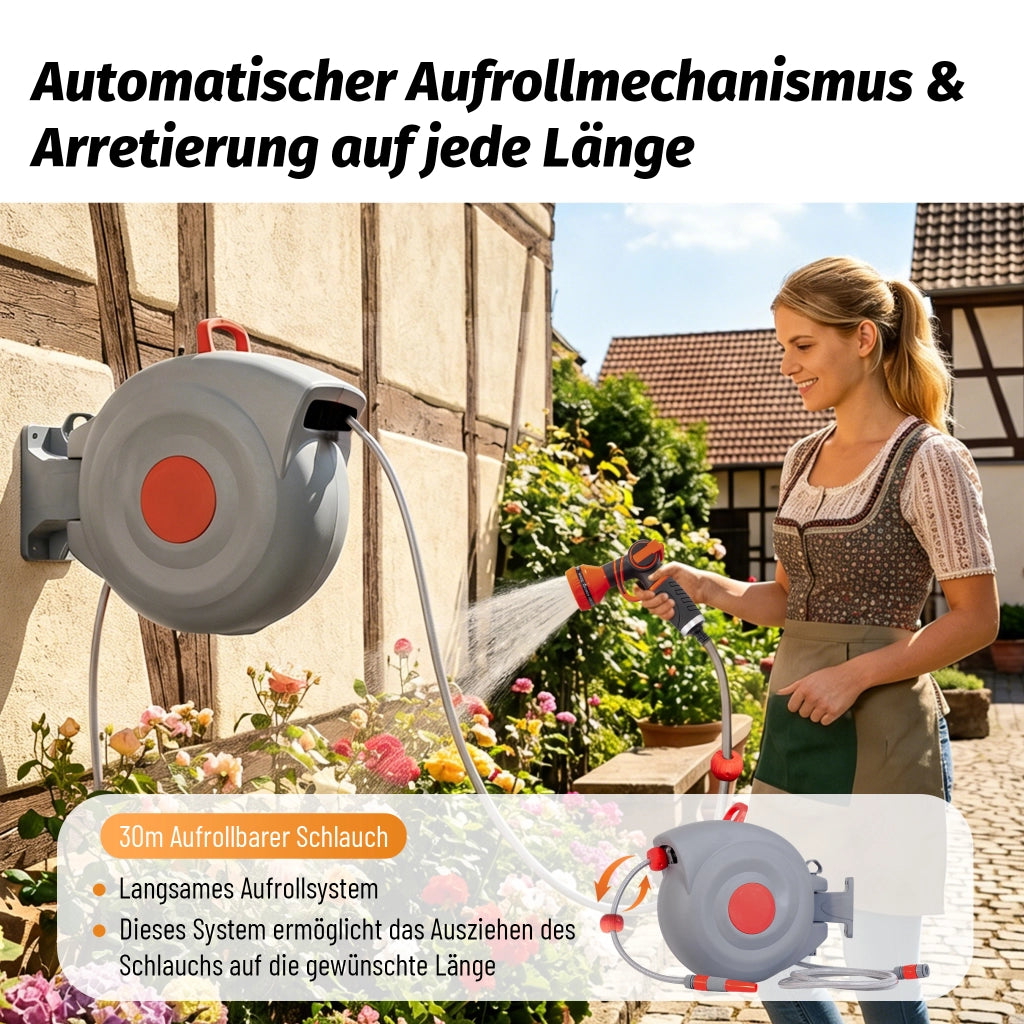 Avvolgitubo da Giardino 30m con Testa Spray 9 Funzioni ¨C MINIMAL ¨C Parete, Antirugine, Resistente UV