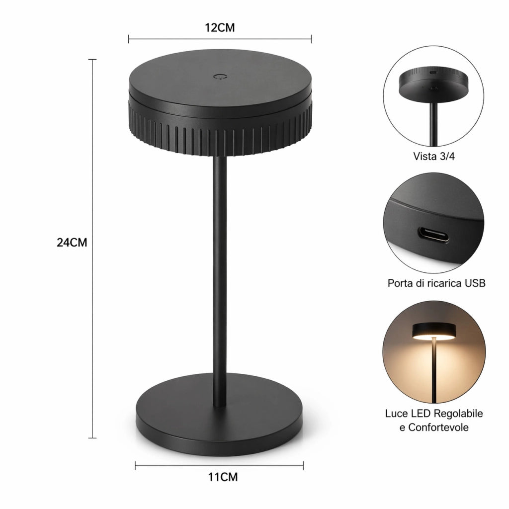LAMPADA DA TAVOLO LED RICARICABILE TOUCH USB 2000MAH DESIGN MODERNO NERO LPT146