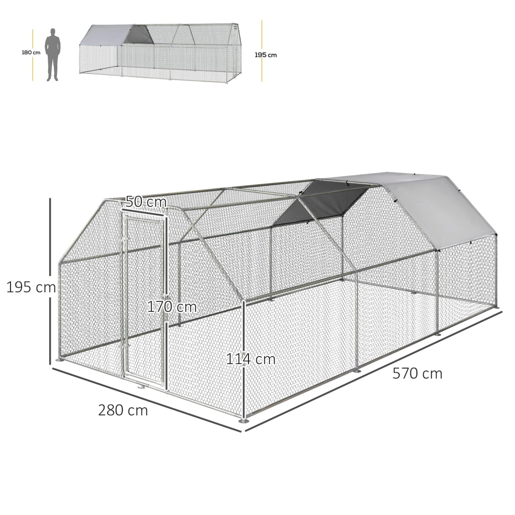 Recinto Gabbia per Galline in Metallo Galvanizzato Impermeabile, Pollaio con Porta e Copertura Oxford, 280x570x195cm