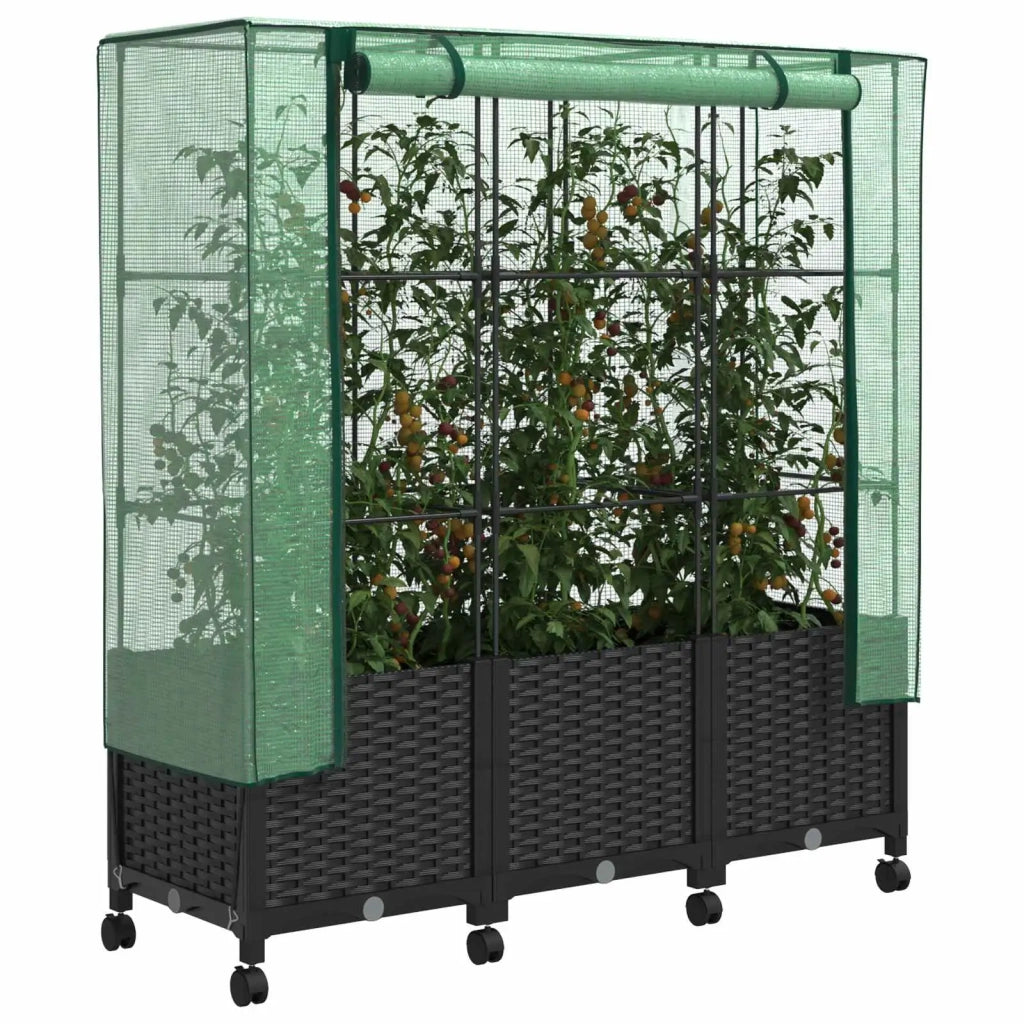 Vaso da Giardino con Copertura per Serra e Ruote 3 pz Nero PP 3423067