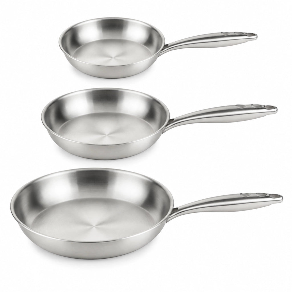Set 3 Padelle 20 24 28 cm - Costruzione Tri-Ply a Tre Strati - Spessore 2,5 mm - Le Tre Misure Base della Cucina - Set 3 Pezzi - GMD Italy
