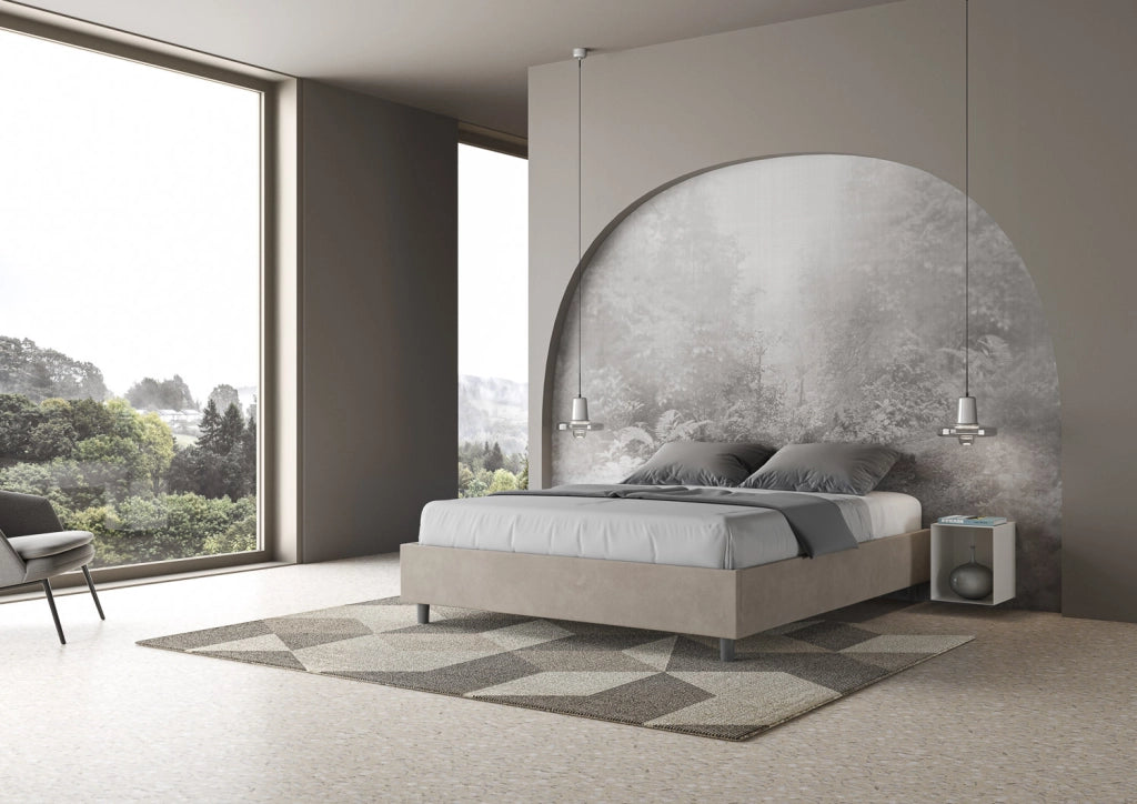 BS COM Letto queen size con rete imbottito 150x200 microfibra sabbia