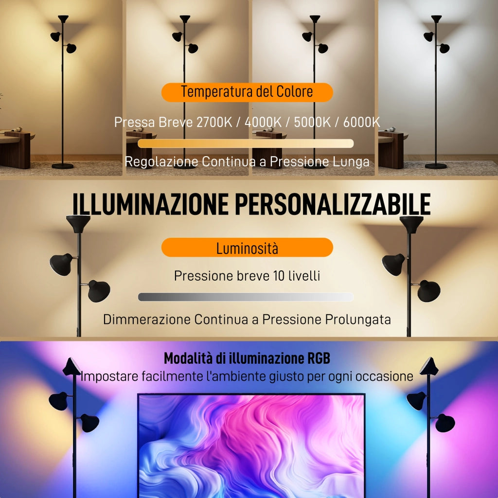 Lampada da Terra con 3 Teste Regolabili ¨C Xylo ¨C Telecomando Timer Acciaio Plastica ?25x170cm Nero