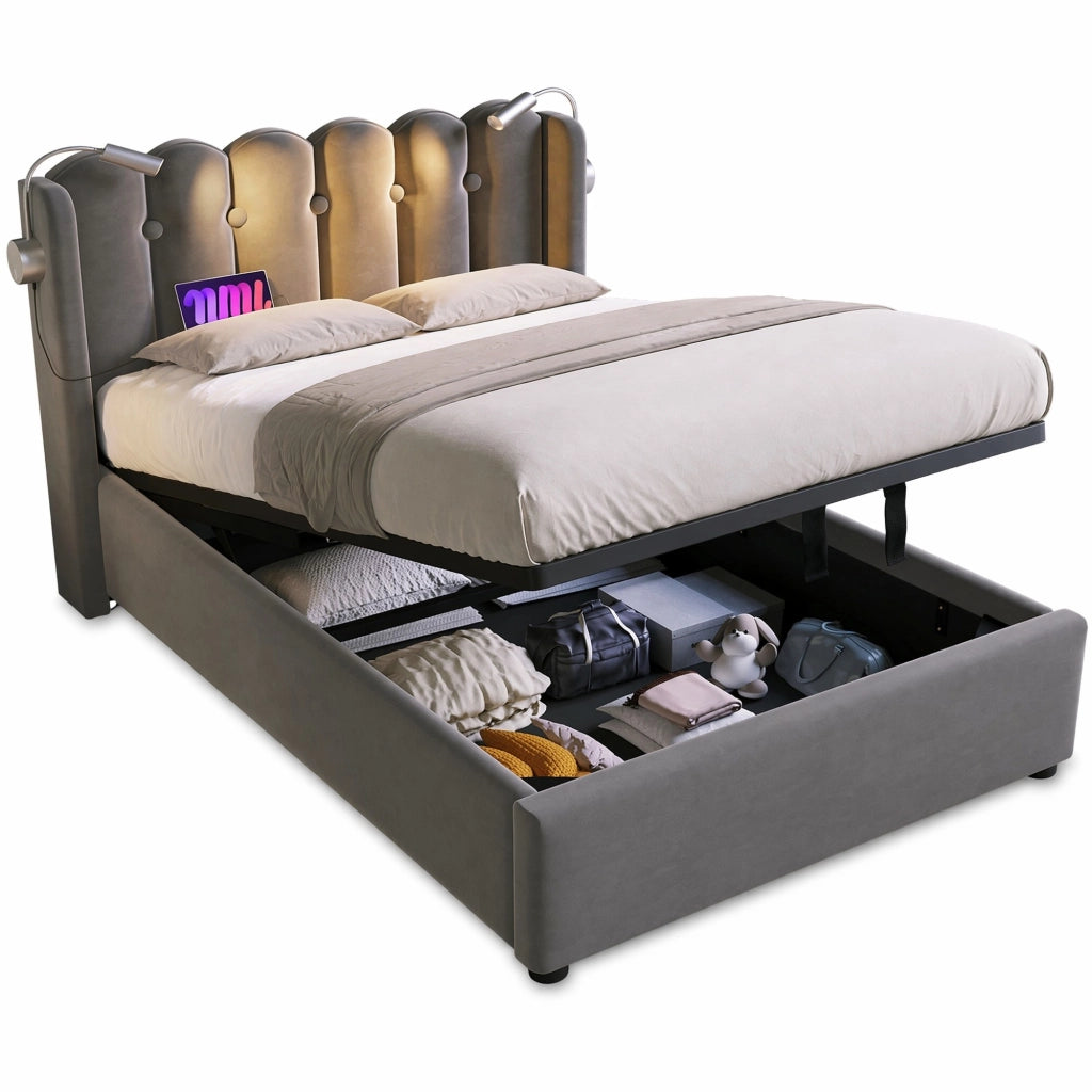 Letto singolo in velluto grigio con luce da lettura, USB e contenitore