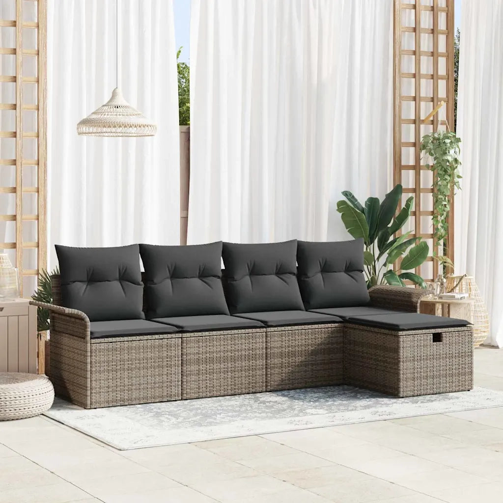 Set Divano da Giardino con cuscino 5 pcs Grigio Poly Rattan