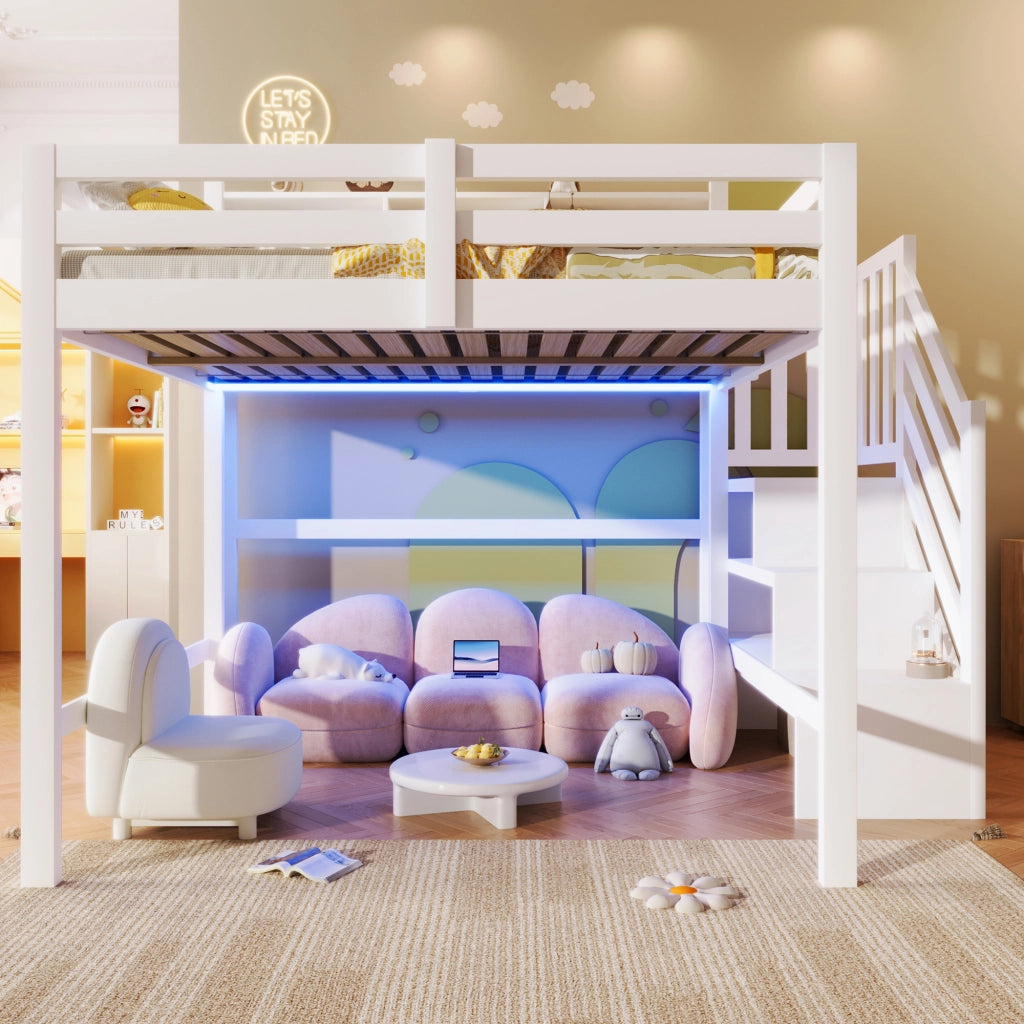 Letto castello 140x200 LED stivaggio scala vano bianco