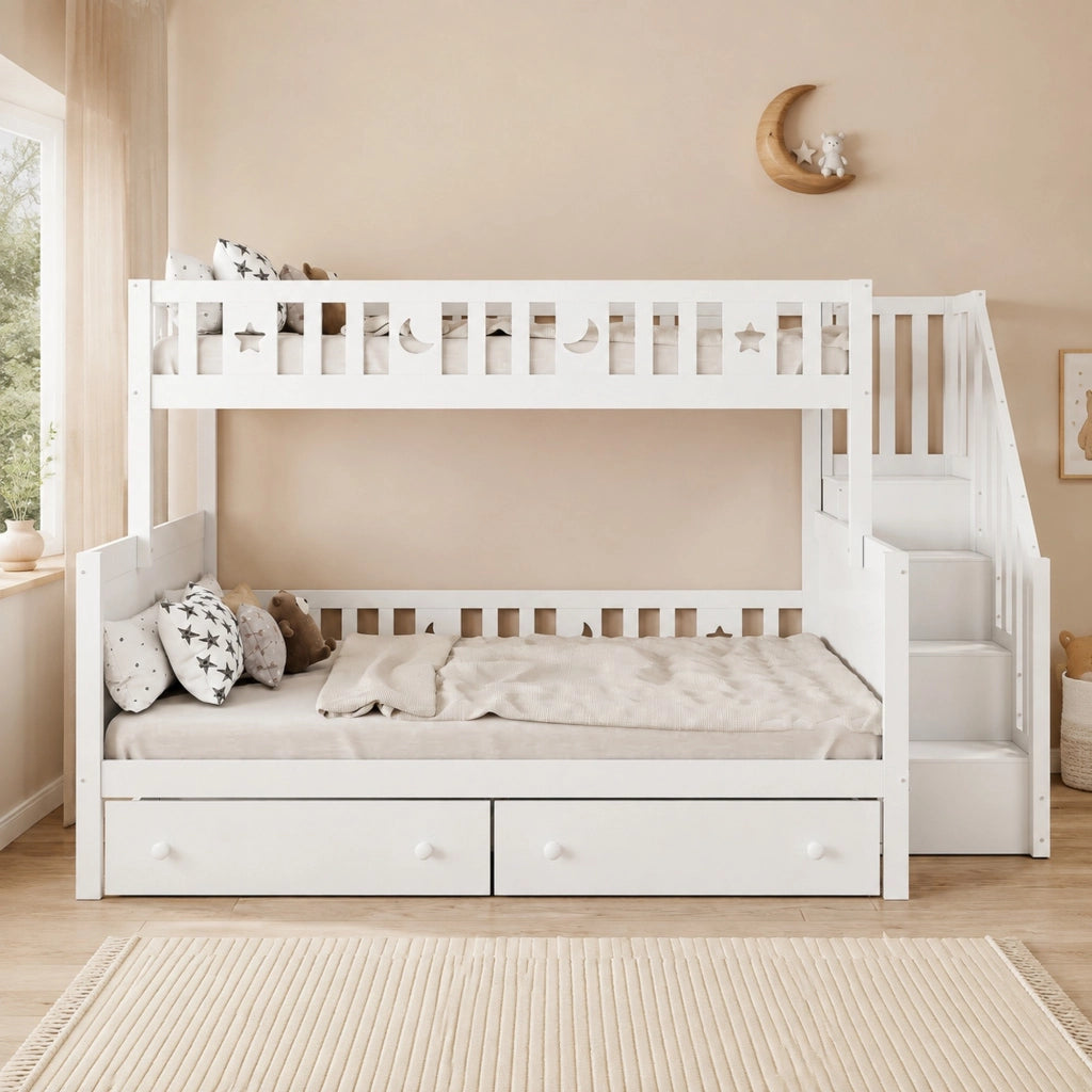 Letto a castello multifunzionale per bambini con scala contenitore e 2 cassetti