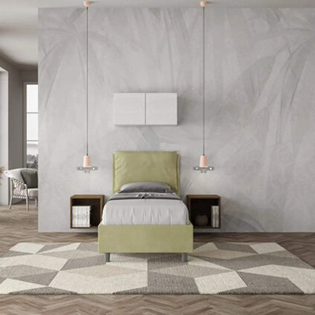 Letto singolo con rete imbottito 80x190 microfibra tè verde Antea