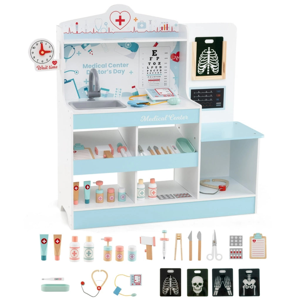 Ospedale finto centro medico per bambini con orologio tabella oculistica, Set da gioco dottore in legno monitor ECG Blu-Cucine giocattoli
