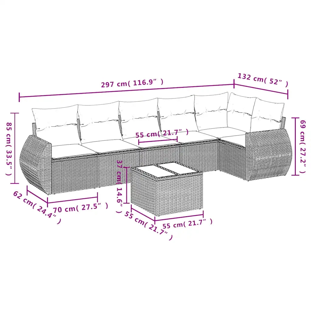 Set Divani da Giardino 7 pz con Cuscini Marrone in Polyrattan