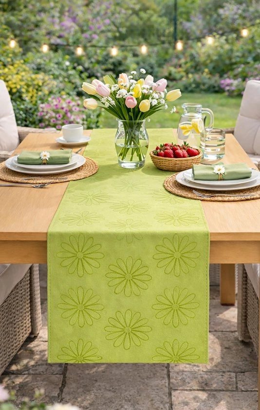 Tavolo con tovaglia 40x140 cm - Verde - Protezione contro macchie - Impermeabile - Facile da pulire - 100% Poliestere - Design eterno - Tovaglia per tavolo