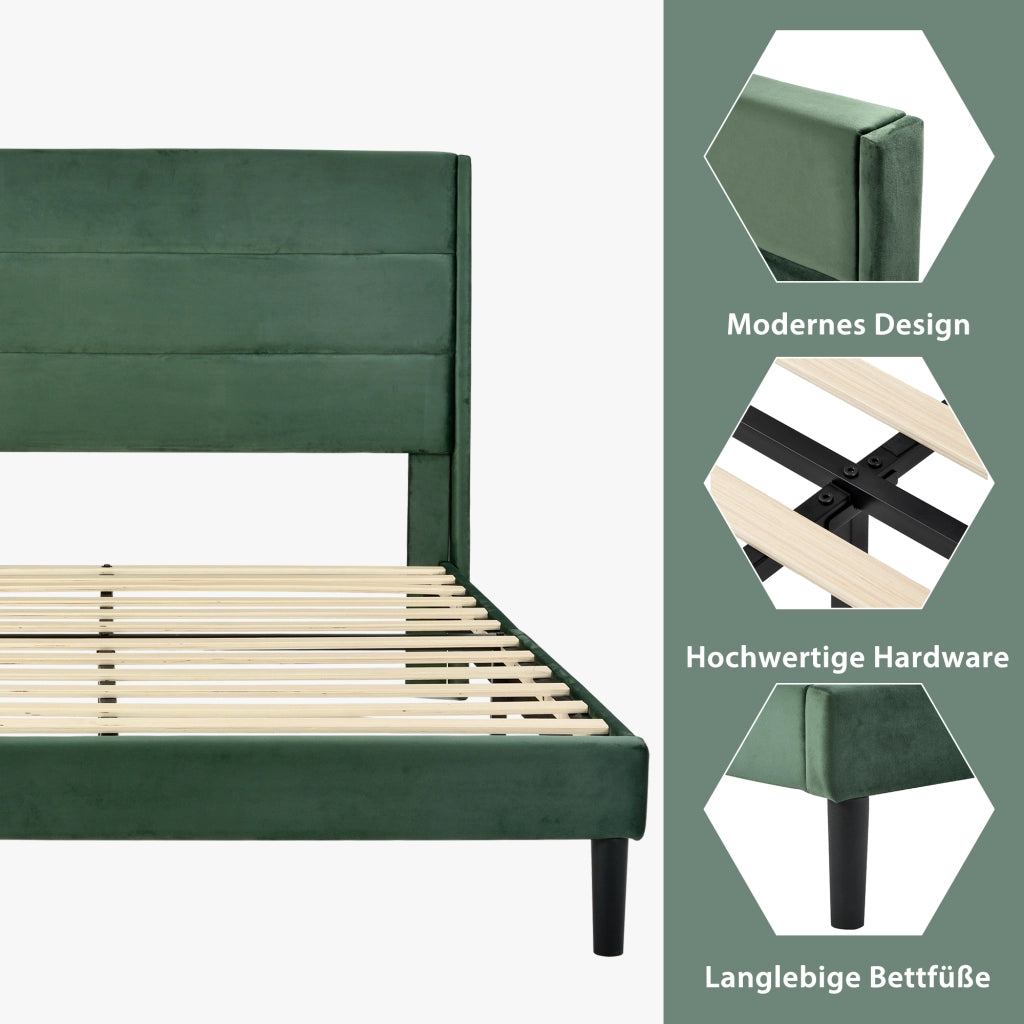 LETTO imbottito 140x200 cm in velluto verde con materasso incluso e rete a doghe