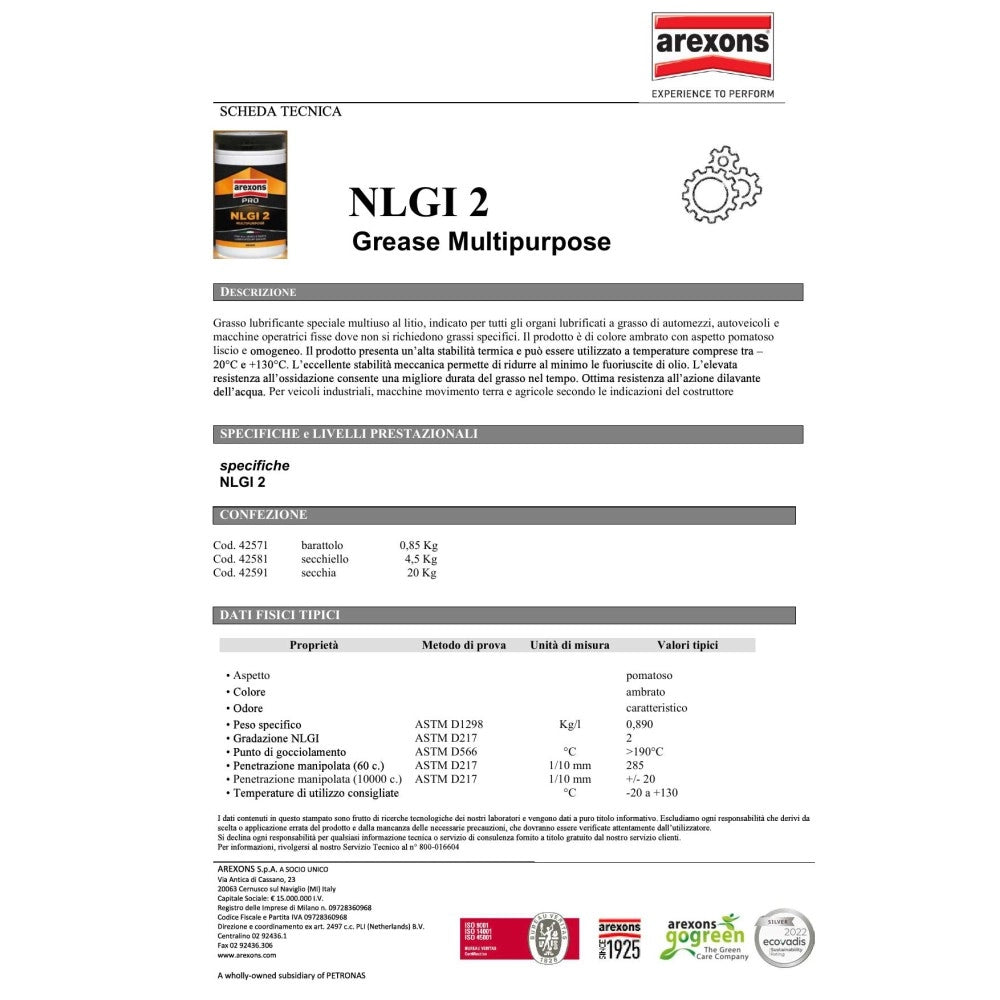 Arexons nlgi 2 pro 850gr grasso ambrato multiuso base litio