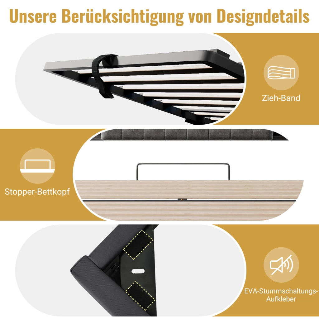 LETTO imbottito 140x200 cm in lino grigio con LED, USB e porta USB-C