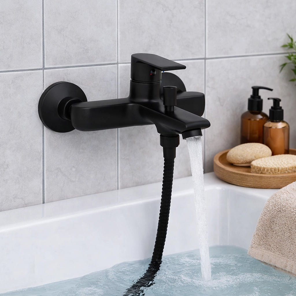 Rubinetto Miscelatore Vasca Bagno Nero Opaco da Parete + Deviatore Doccia 94009