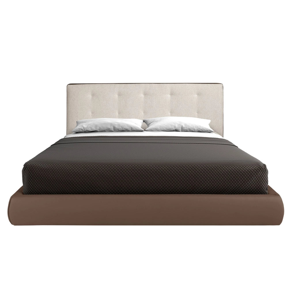 Letto imbottito in tessuto marrone ed similpelle marrone