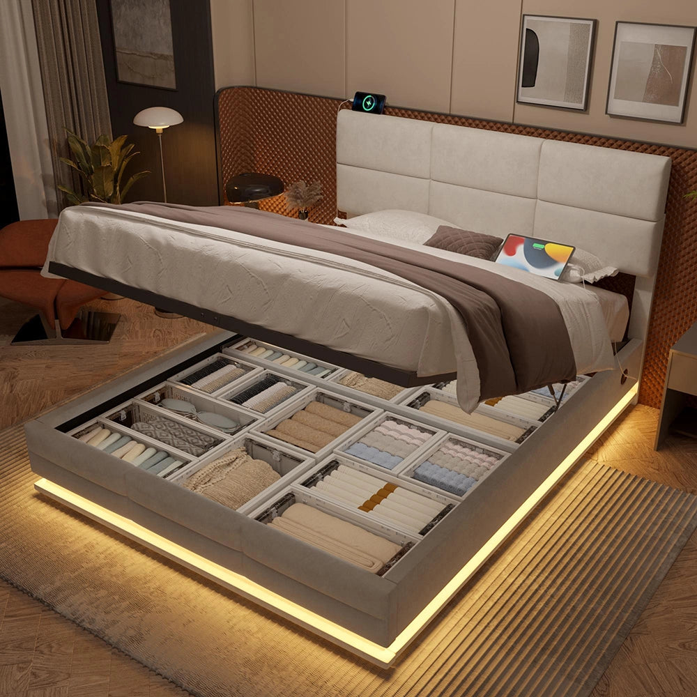 Letto 140x200cm?- Xylo - velluto USB LED idraulico beige