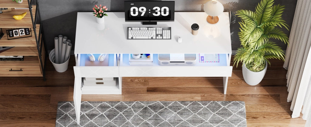 Scrivania lucida con LED, 2 cassetti e 1 vano, per studio e camera da letto, 120 × 50 × 78 cm