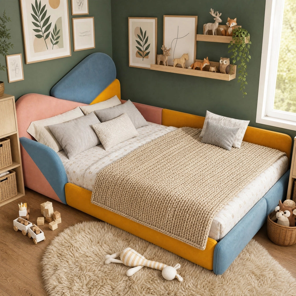 LETTO imbottito 140x200 cm in velluto patchwork blu, rosa e giallo