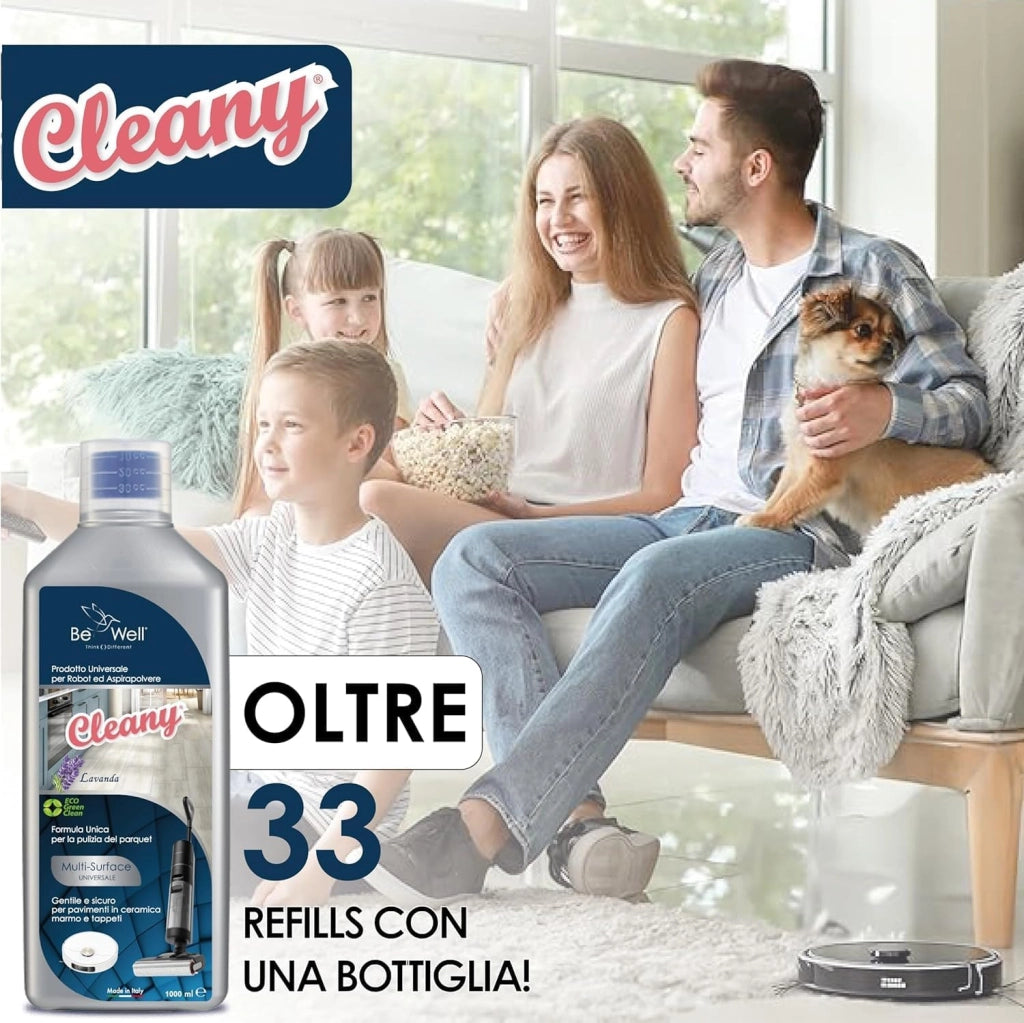 CLEANY Detergente Concentrato per Robot Lavapavimenti e Aspirazione con Igienizzante Multisurface 1000ml pulizia senza aloni e sostenibile Adatto a tutti i Robot (LAVANDA)