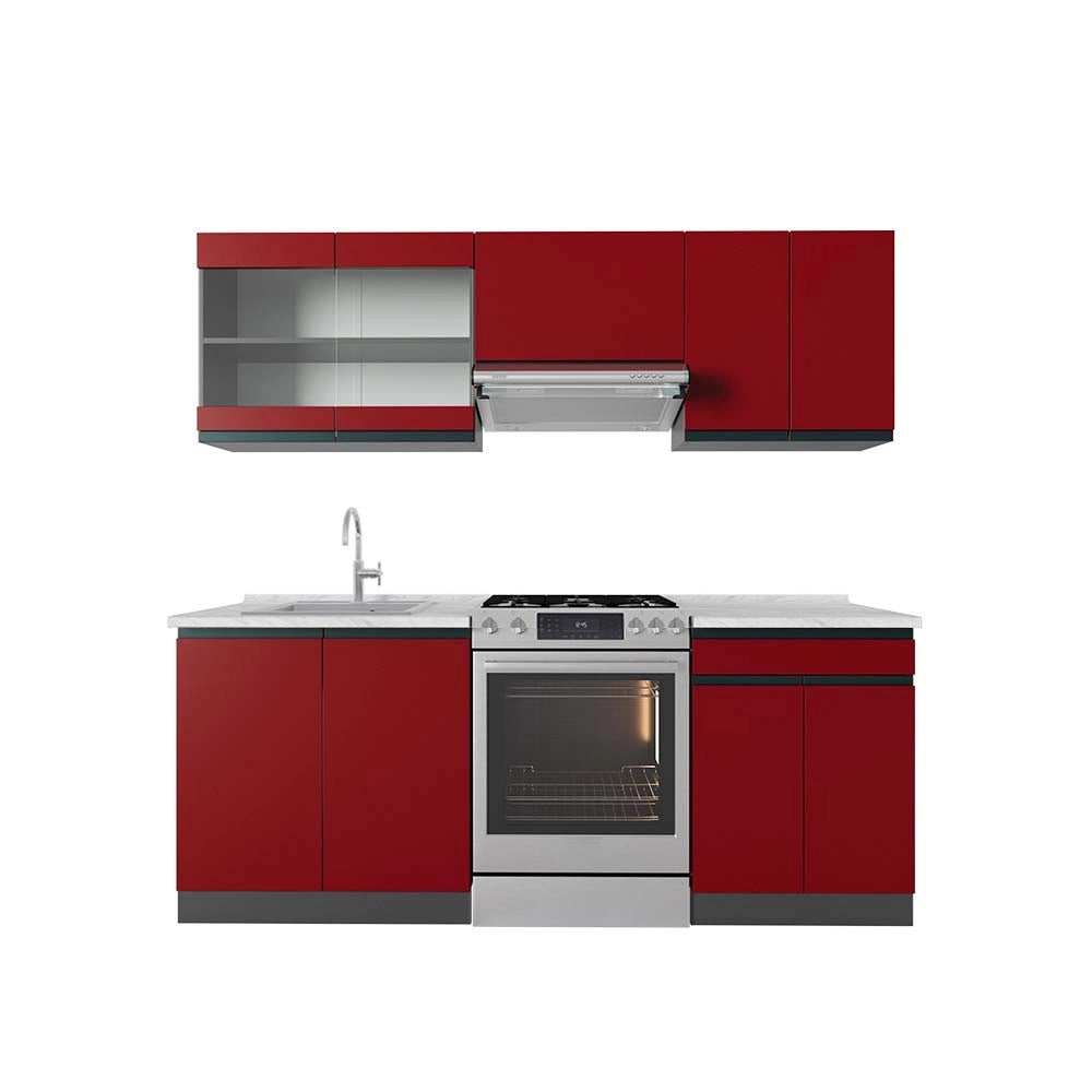 Cucina componibile R-Line Rosso/Antracite 200 cm J-Shape, PL Marmo Vicco