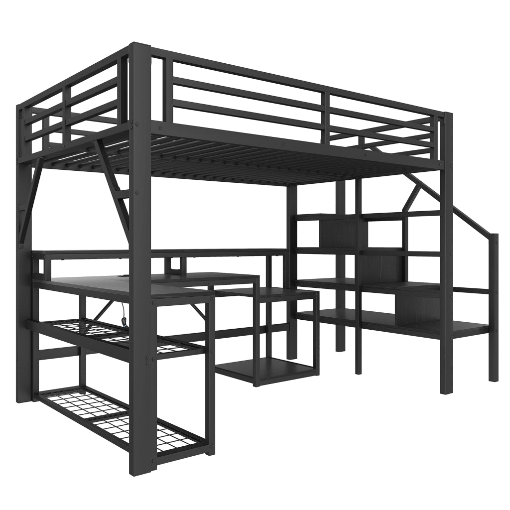 Letto castello 140x200 ferro scala ringhiere LED scrivania USB nero