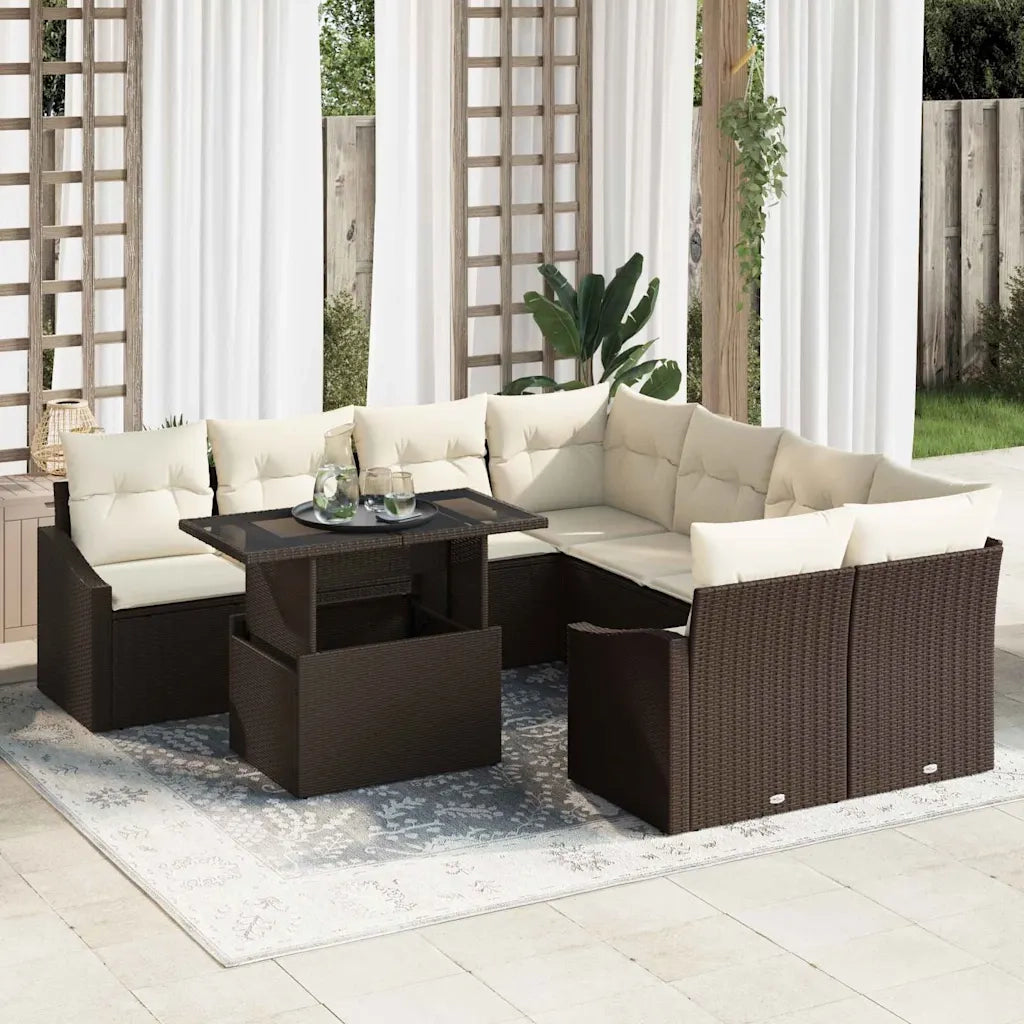 Set Divano da Giardino 9 pcs Marrone e Crema polyrattan 3348974