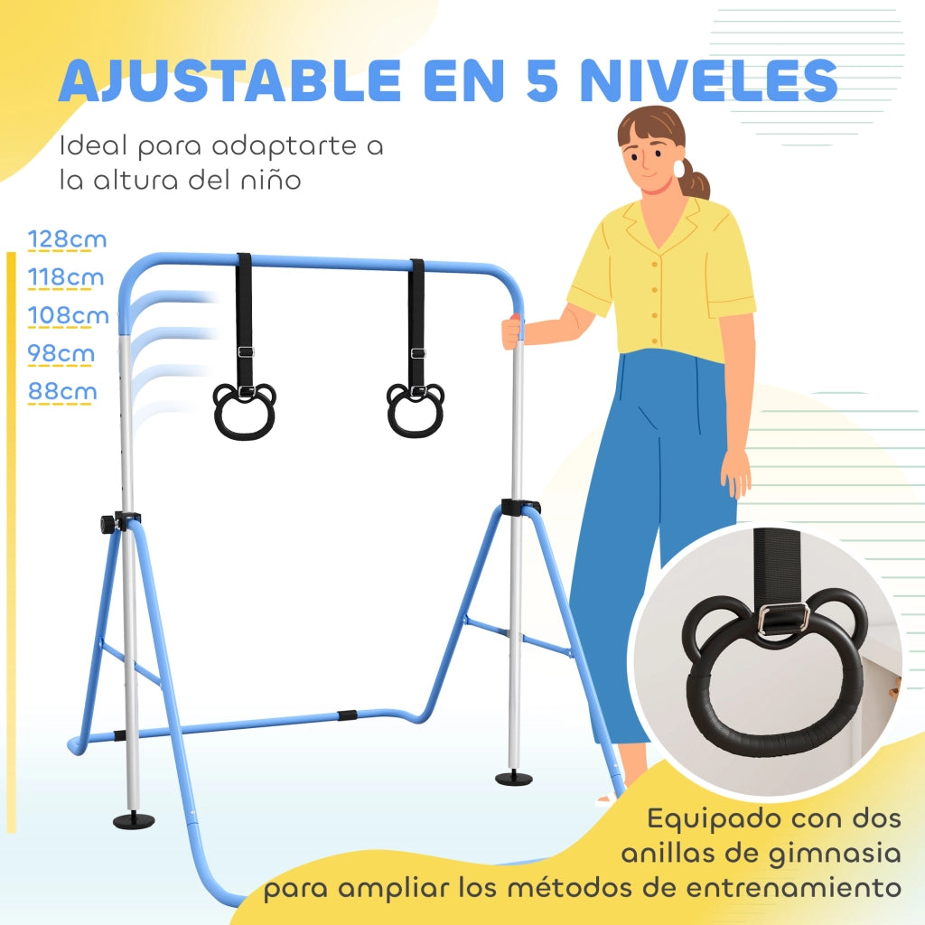 Barra di Ginnastica per Bambini Regolabile in Altezza 5 Livelli con Anelli ¨C Minimal ¨C Blu