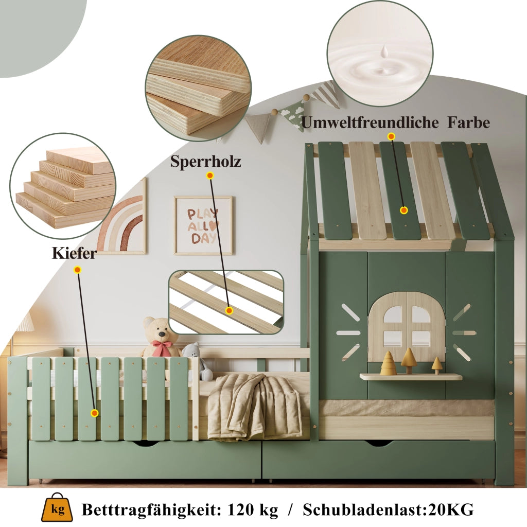 LETTO A CASetta 90x200 cm Verde e Naturale con 2 Cassetti