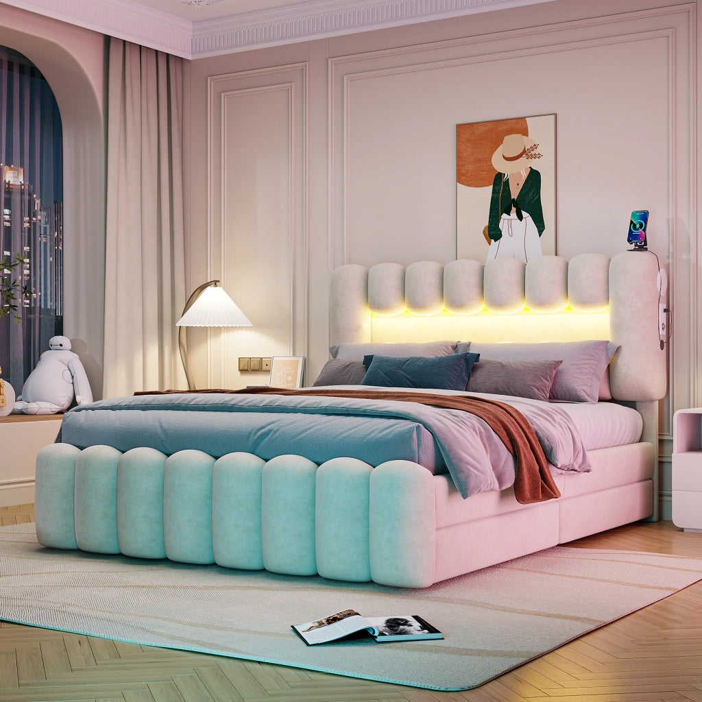 Letto imbottito con LED e stereo - Zephmum- 160x200cm- Beige- 4 cassetti