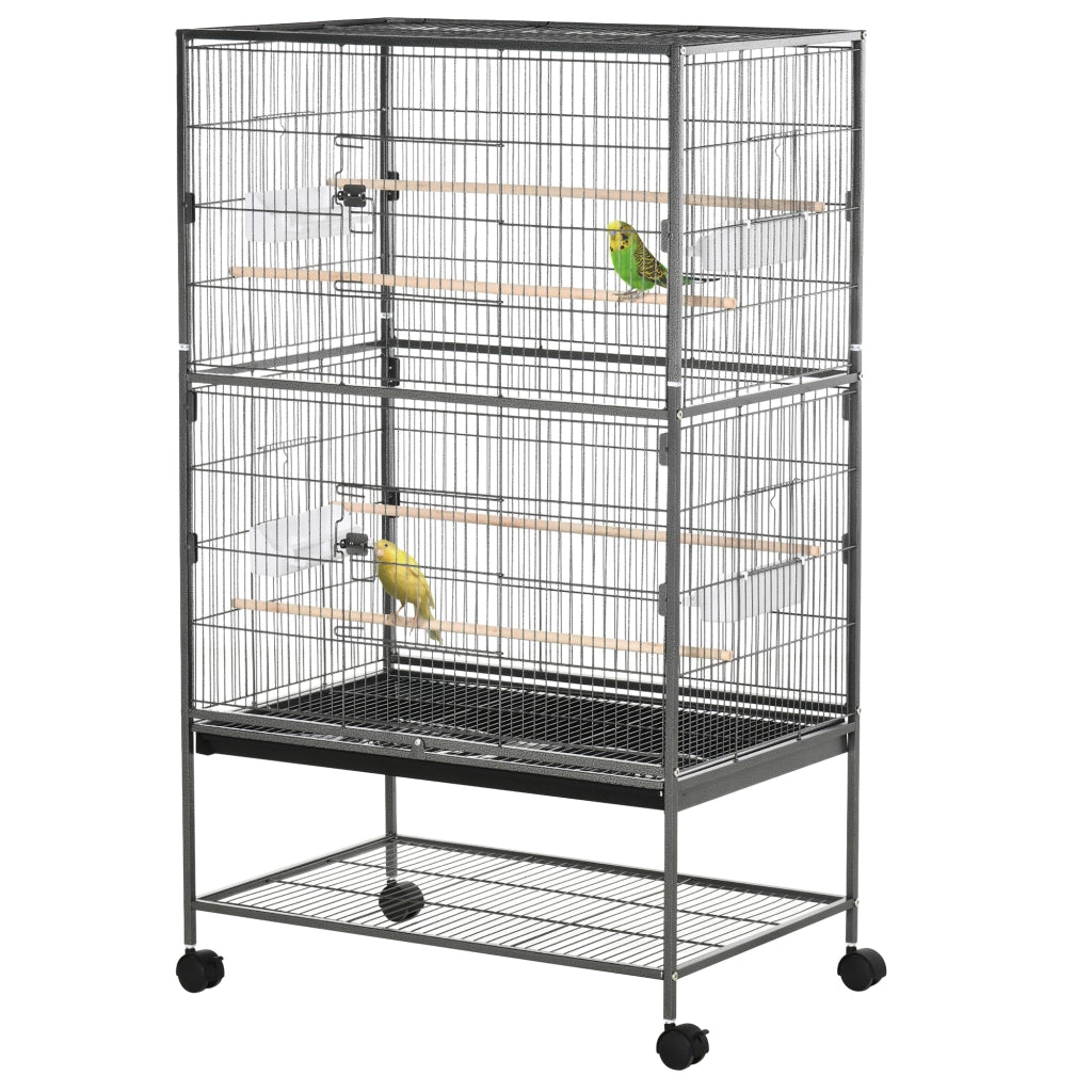 Gabbia per Uccelli da Interni in Legno con Vassoio, 4 Ruote e Trespolo, 78x52x132cm