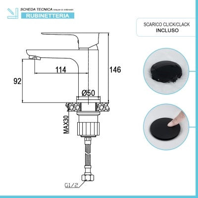 Set miscelatori lavabo e bidet Flat nero opaco con piletta click clack