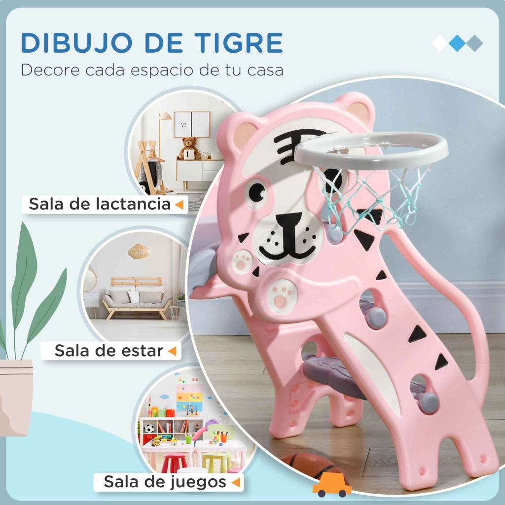 Scivolo per Bambini con Canestro e Scale ¨C Xylo ¨C Rosa e Grigio 133x60x70cm