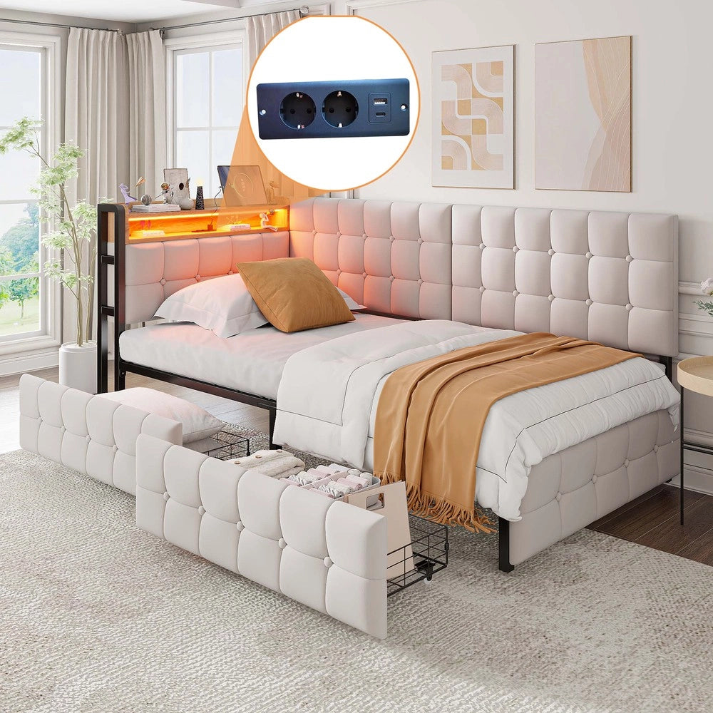 Letto Singolo Imbottito con Cassetti e LED ¨C MINIMAL ¨C Beige 90x200