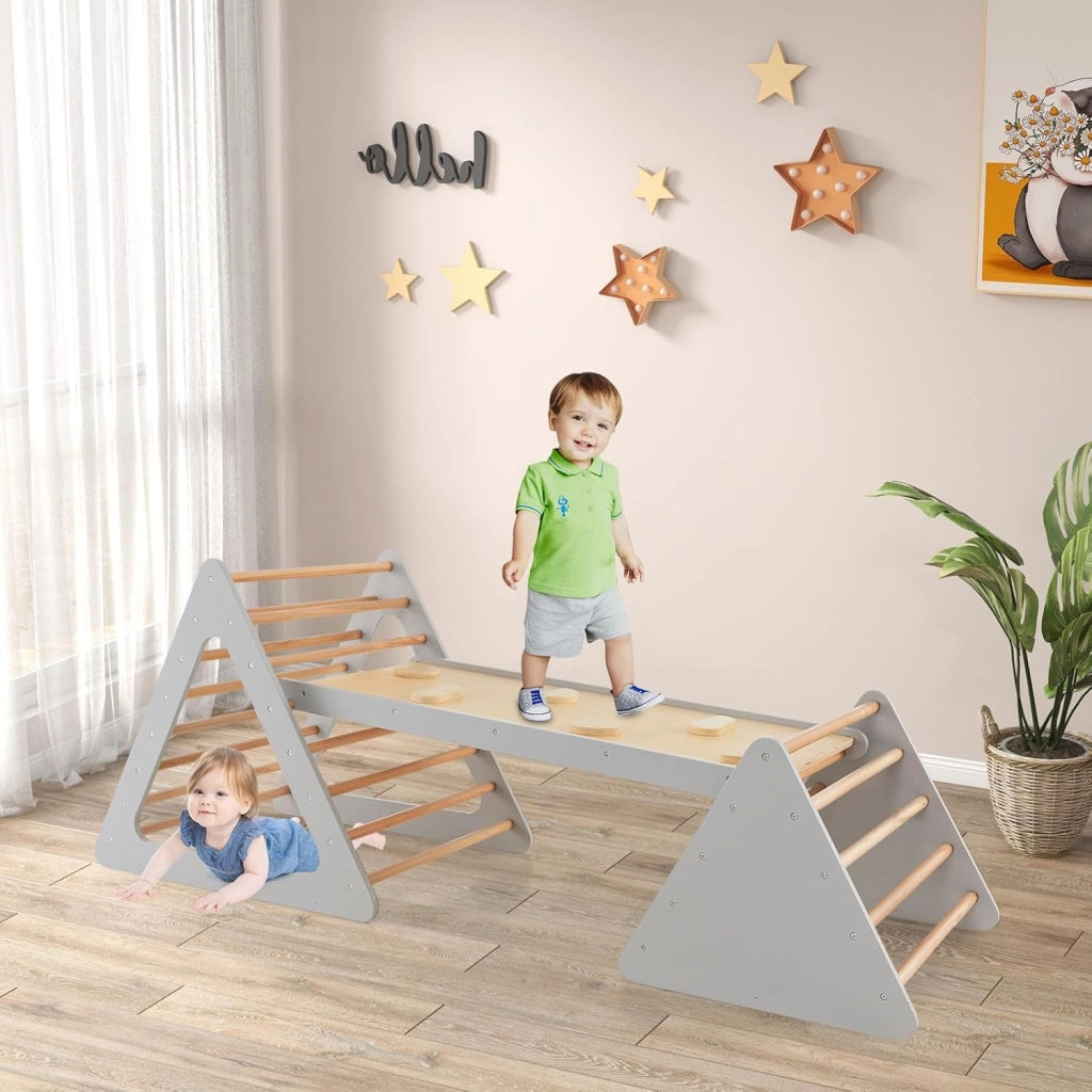 Set da Arrampicata 3 in 1 per Bambini, 3 Pezzi con 2 Scale Triangolari e 1 Rampa, Scala Giochi Arrampicata per Bambini 3+ Anni (Grigio)