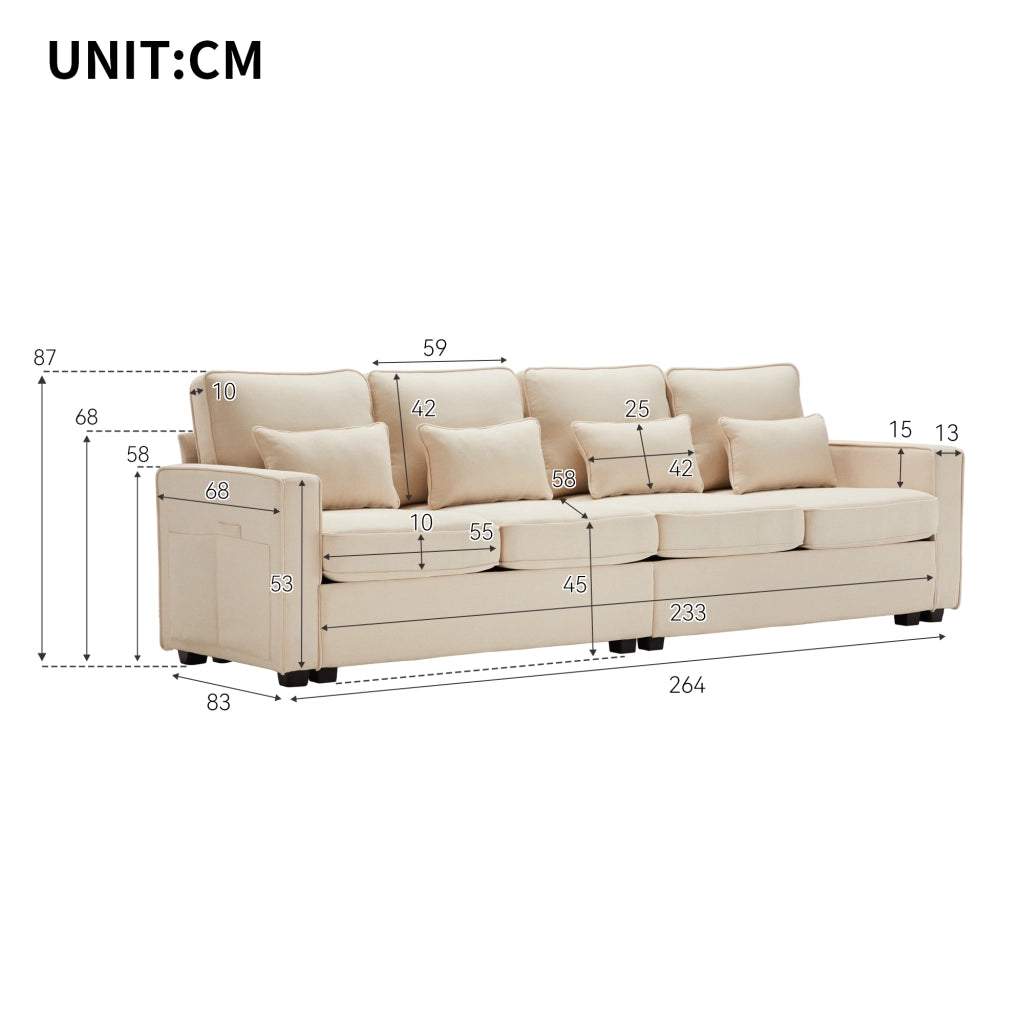 Sofa 4 posti moderno in lino - Zephmum- Con tasche braccioli e 4 cuscini