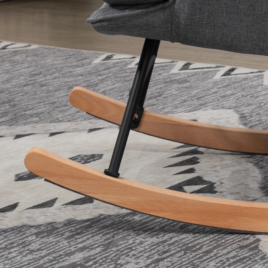 Sedia a Dondolo con Pouf con Cuscino e Braccioli in Tessuto Effetto Lino e Legno Grigio