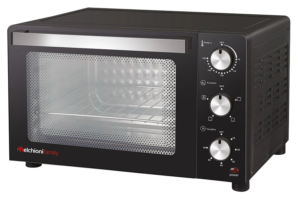 Melchioni Family  Forno Elettrico Ventilato DEVIL Capacità 32 litri 3 Modalità di Cottura Timer da 60 Minuti 1500W Doppio Vetro Luce Interna e Temperatura Fino a 230° C 49X46X31 cm
