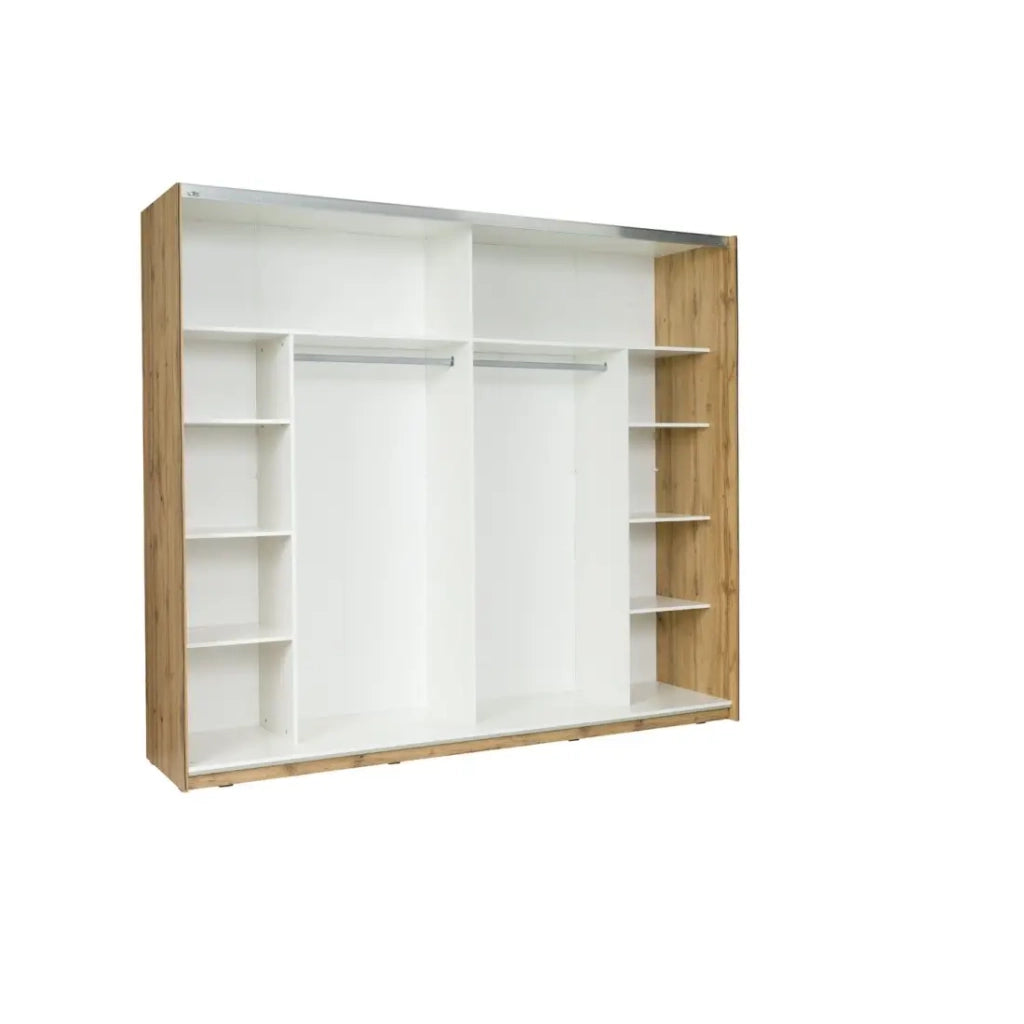 Camera WOOD colori rovere e bianco con letto contenitore LED, cassettiera, comodini e armadio
