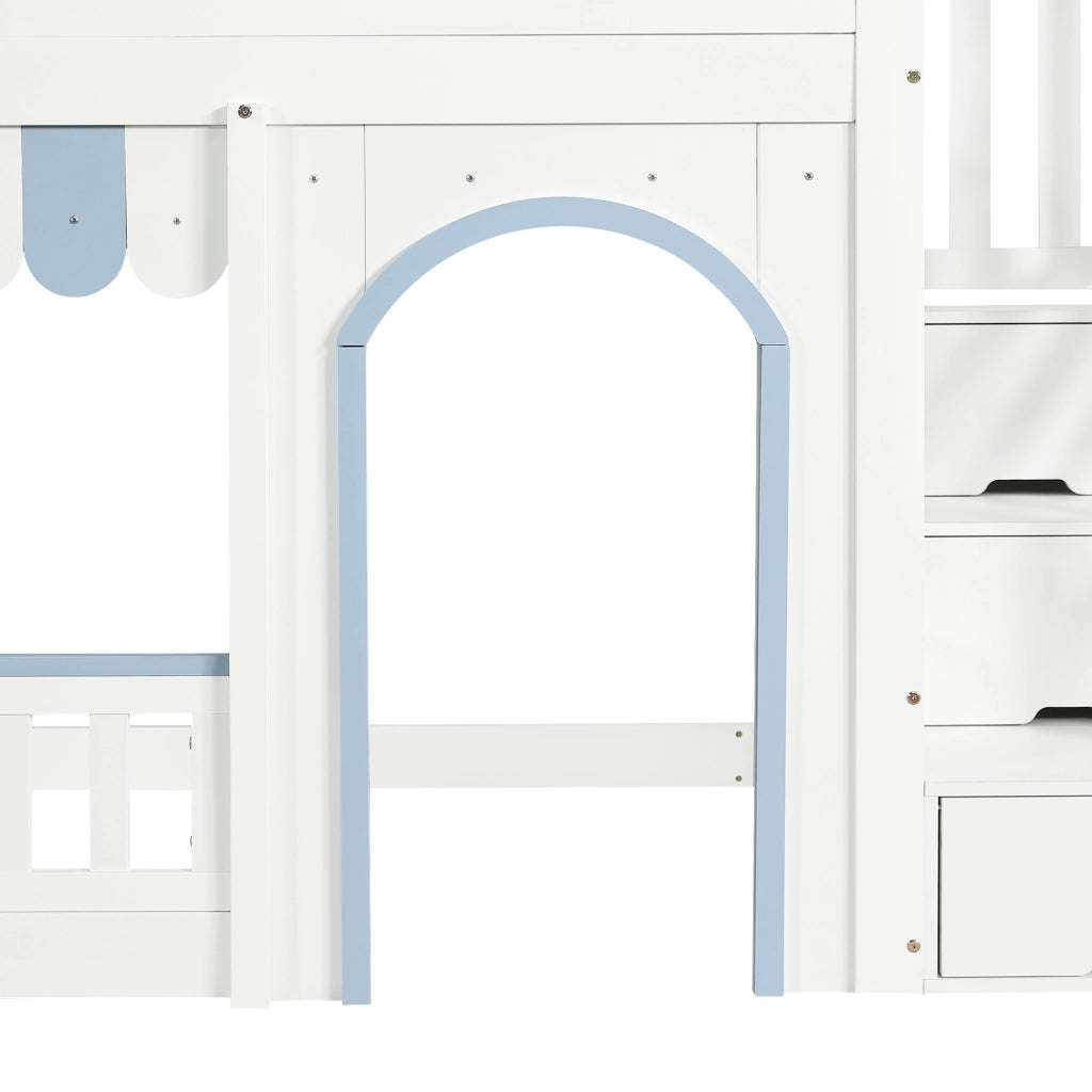LETTO A CASTELLO per bambini 90x200 cm Bianco+Blu con scala contenitore