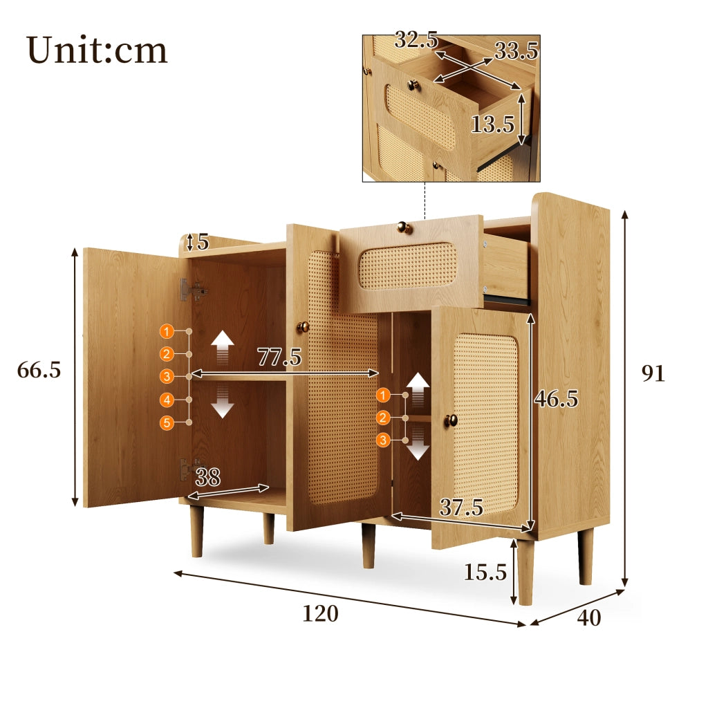 Credenza con 3 ante e cassetto frontali in rattan ripiani regolabili MDF color rovere 120 × 40 × 91 cm