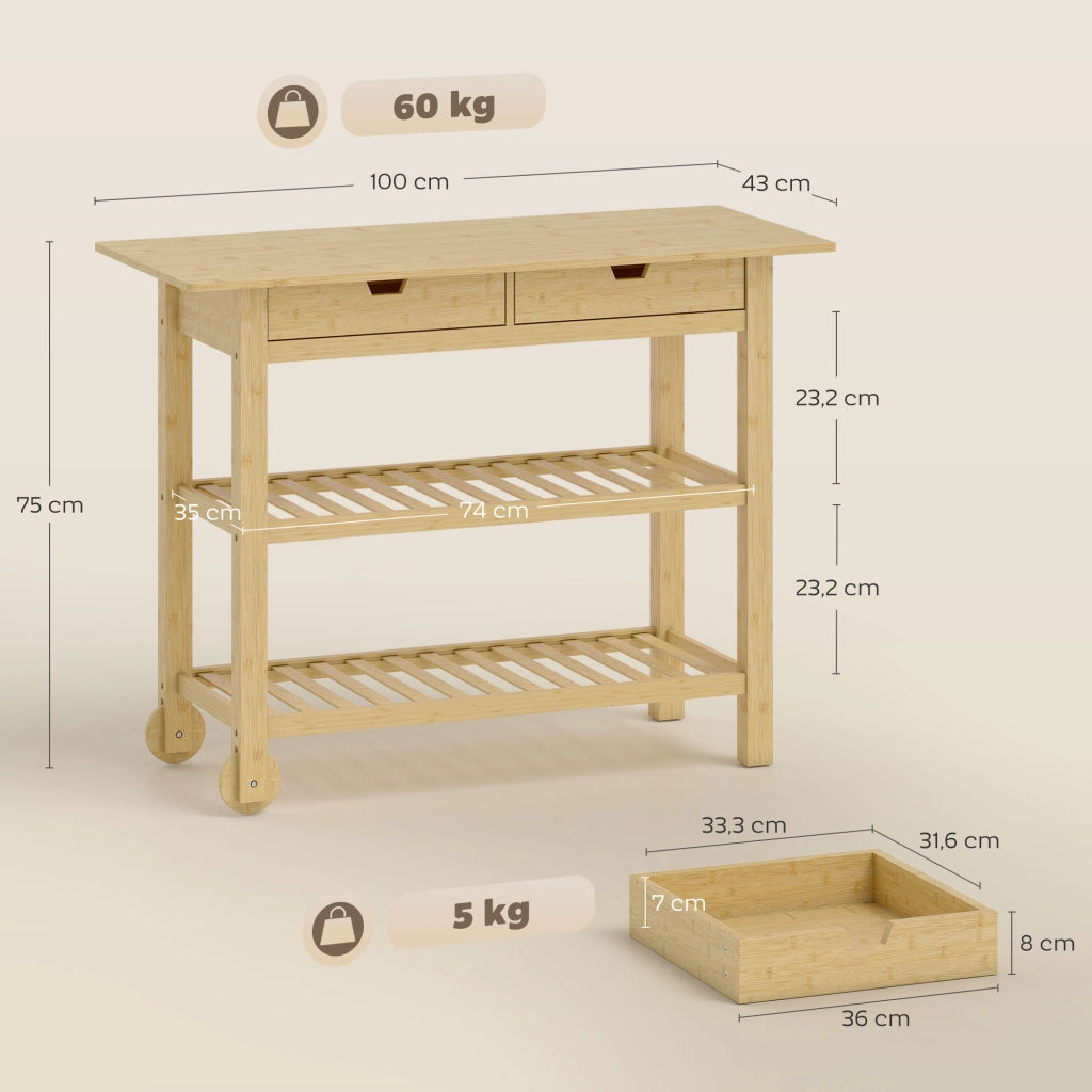 Carrello da cucina con 2 cassetti e 2 ripiani ¨C Minimal ¨C 100x43x75 cm
