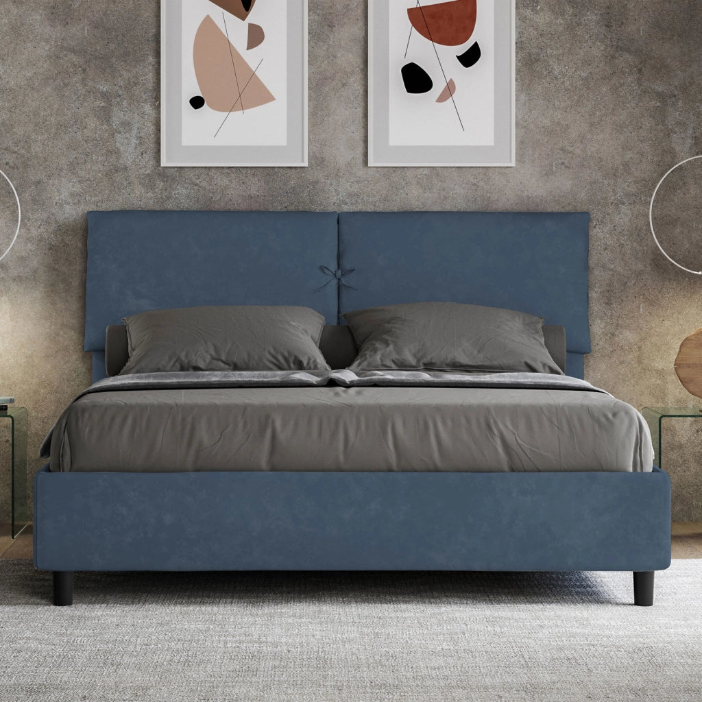 BS COM Letto matrimoniale contenitore imbottito 160x200 microfibra blu