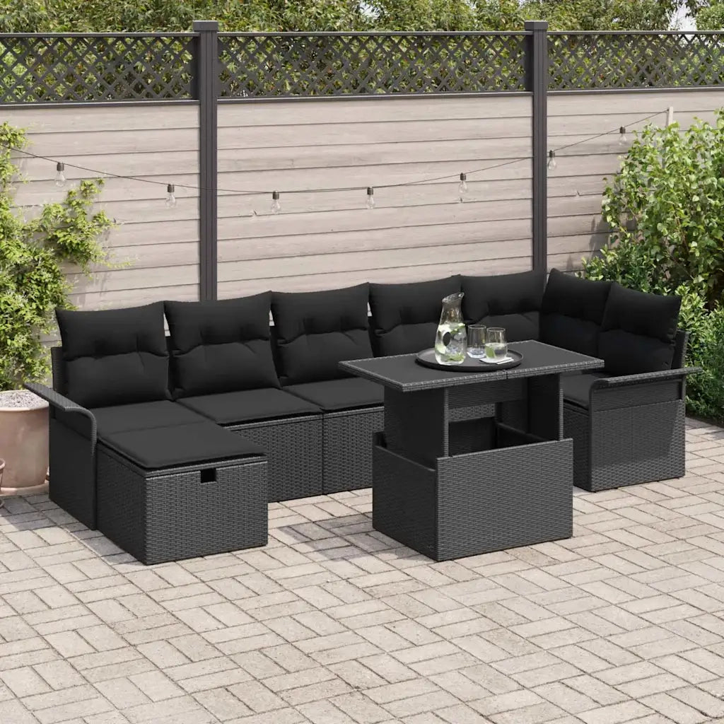 Set Divano da Giardino con cuscino 8 pcs Nero Poly Rattan