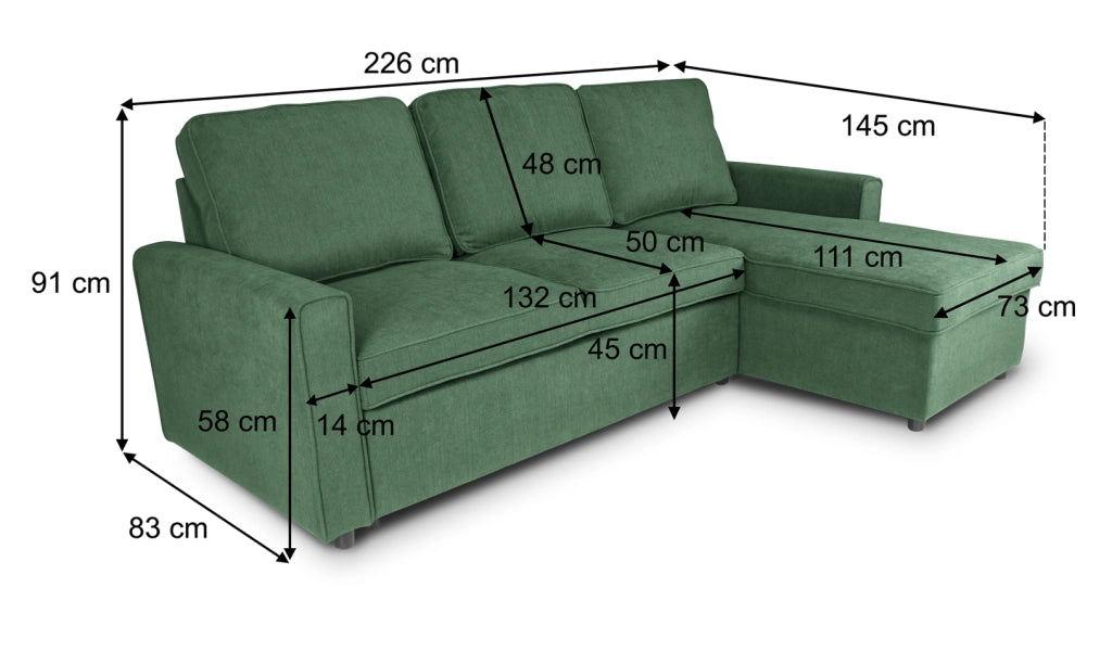 Divano letto angolare con contenitore, divano con chaise longue verde abete - Kennedy - DL-KE38CL