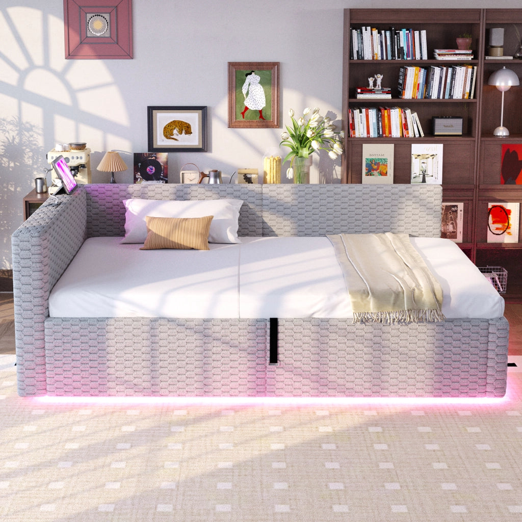 LETTO imbottito 90x200 cm con LED, USB-C, velluto grigio, rete idraulica